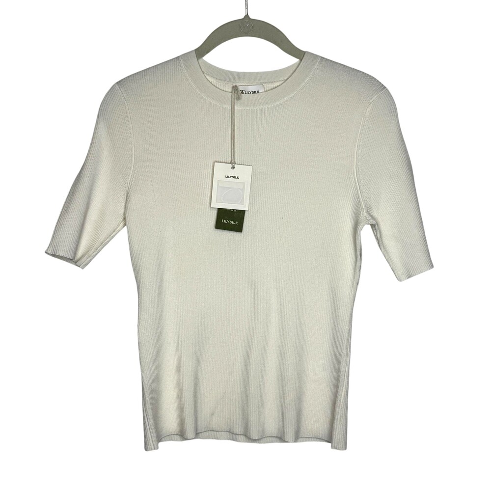 LILYSILK Shirt Womens Small White Silk Nylon Ribbed Knit Tee Top Basic